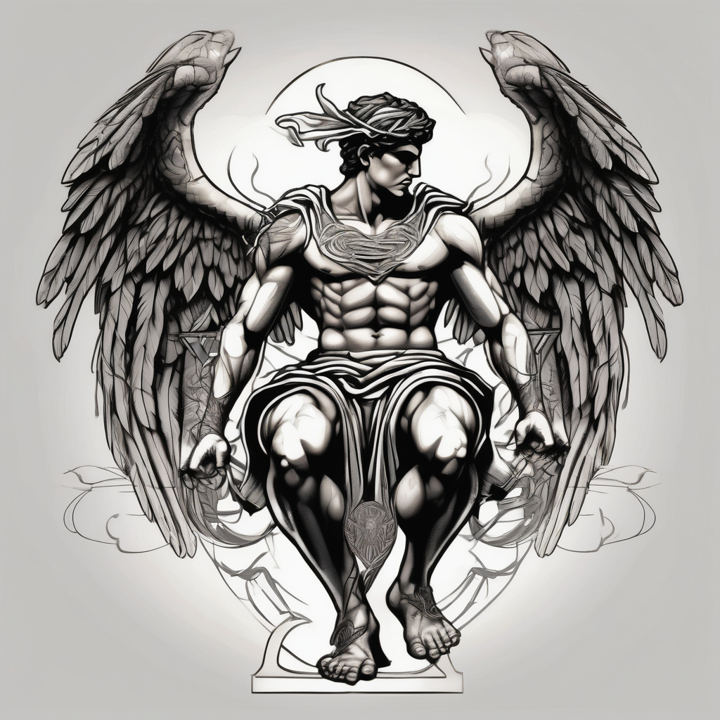 God hermes kneeling with wings wrapped around him cute-ideas, diseño de tatuaje Blanco y negro generado con IA