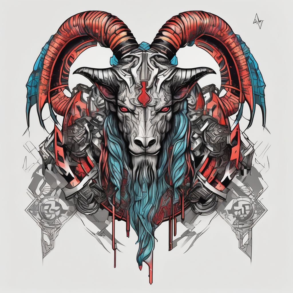 Angelic cyberpunk viking, casting demons back to hell with mythical aries ram familiar, diseño de tatuaje Geométrico generado con IA