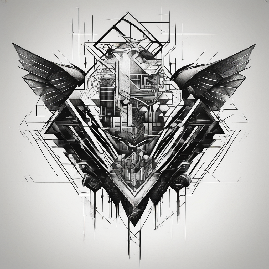 cyberpunk 2077, chest tattoo, geometric, subtle, men, city skyline, 4k, AI-generated Black and White tattoo design