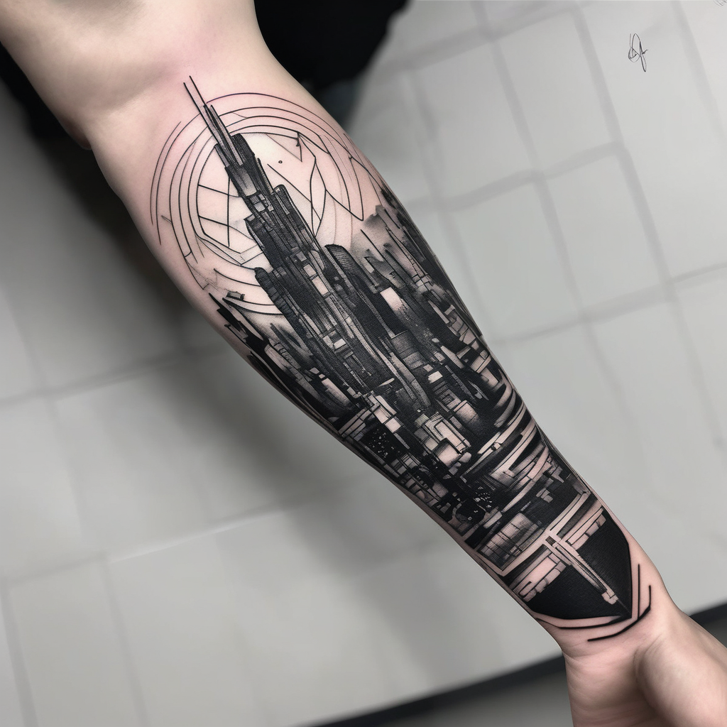 cyberpunk 2077, forearm tattoo, geometric, subtle, men, city skyline, bright colour,, diseño de tatuaje Blanco y negro generado con IA