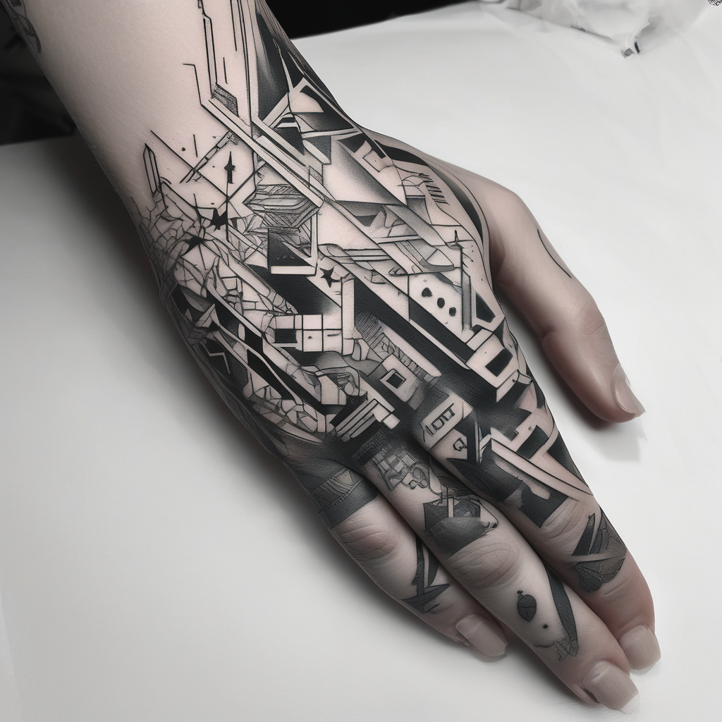 cyberpunk 2077, hand tattoo, geometric, subtle, men, diseño de tatuaje Surrealista generado con IA