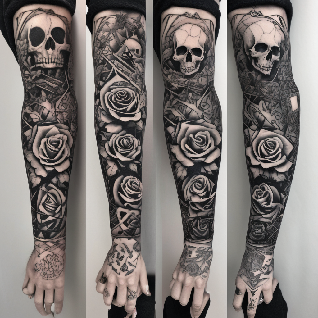 Full arm sleeve incorporating the four aces in a deck of cards, skulls, daggers, roses, thorns and the names: Ace, Willow, and Rider. Background is smoke., design de tatouage Blackwork généré par IA