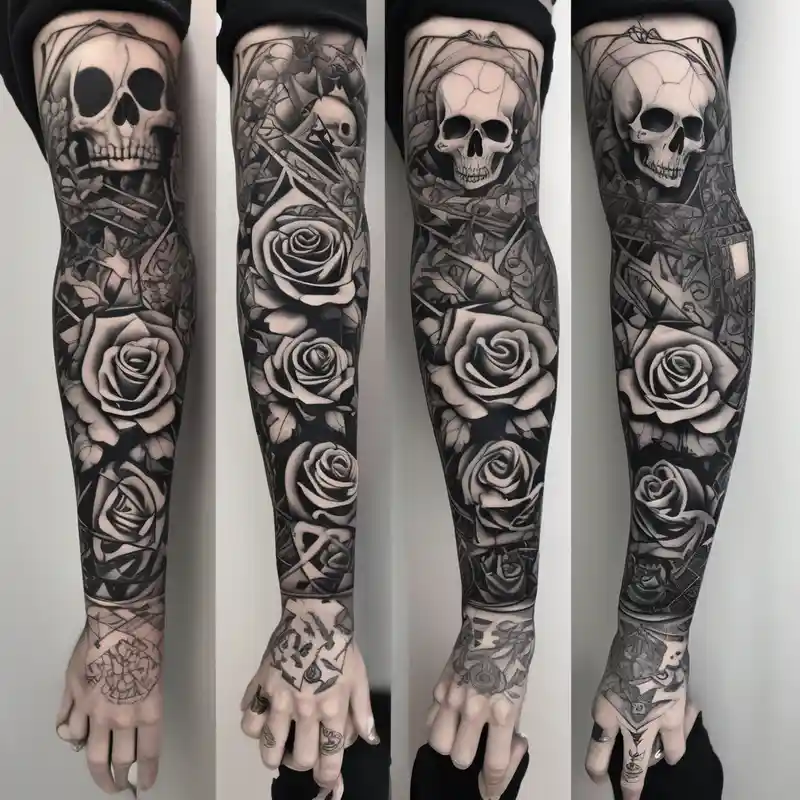 Full arm sleeve incorporating the four aces in a deck of cards, skulls, daggers, roses, thorns and the names: Ace, Willow