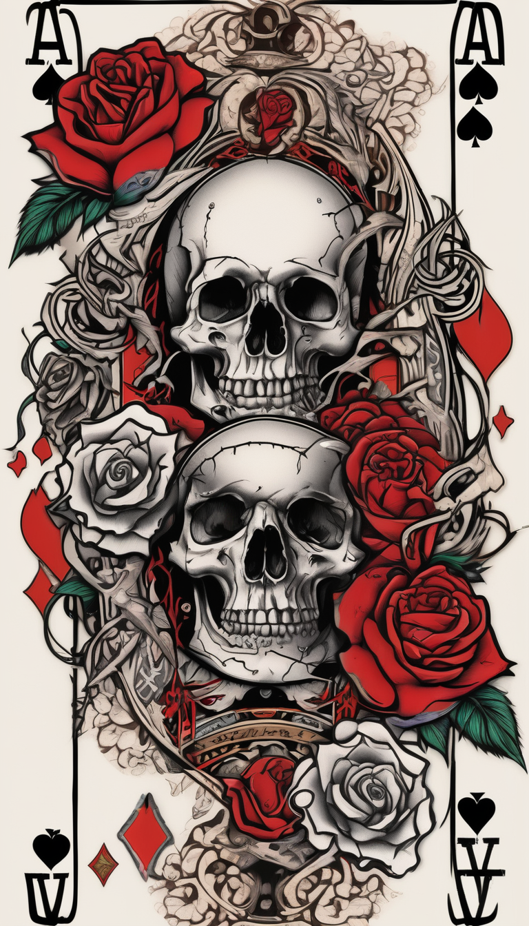 Full arm sleeve incorporating the four aces in a deck of cards, skulls, daggers, roses, thorns and the names: Ace, Willow, and Rider. Background is smoke., diseño de tatuaje Japonés generado con IA