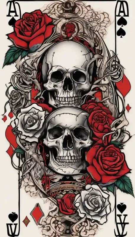 Full arm sleeve incorporating the four aces in a deck of cards, skulls, daggers, roses, thorns and the names: Ace, Willow – Japonés, Colores vivos