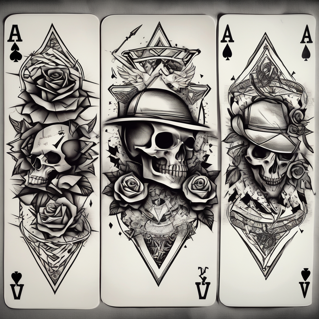 Full arm sleeve incorporating the four aces in a deck of cards, skulls, daggers, roses, thorns and the names: Ace, Willow, and Rider. Background is smoke., AI-generated Geometric tattoo design