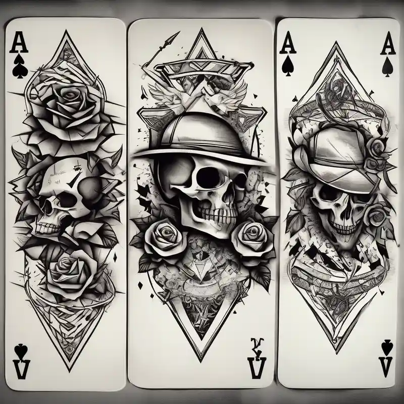 Full arm sleeve incorporating the four aces in a deck of cards, skulls, daggers, roses, thorns and the names: Ace, Willow – Geométrico, Colores vivos