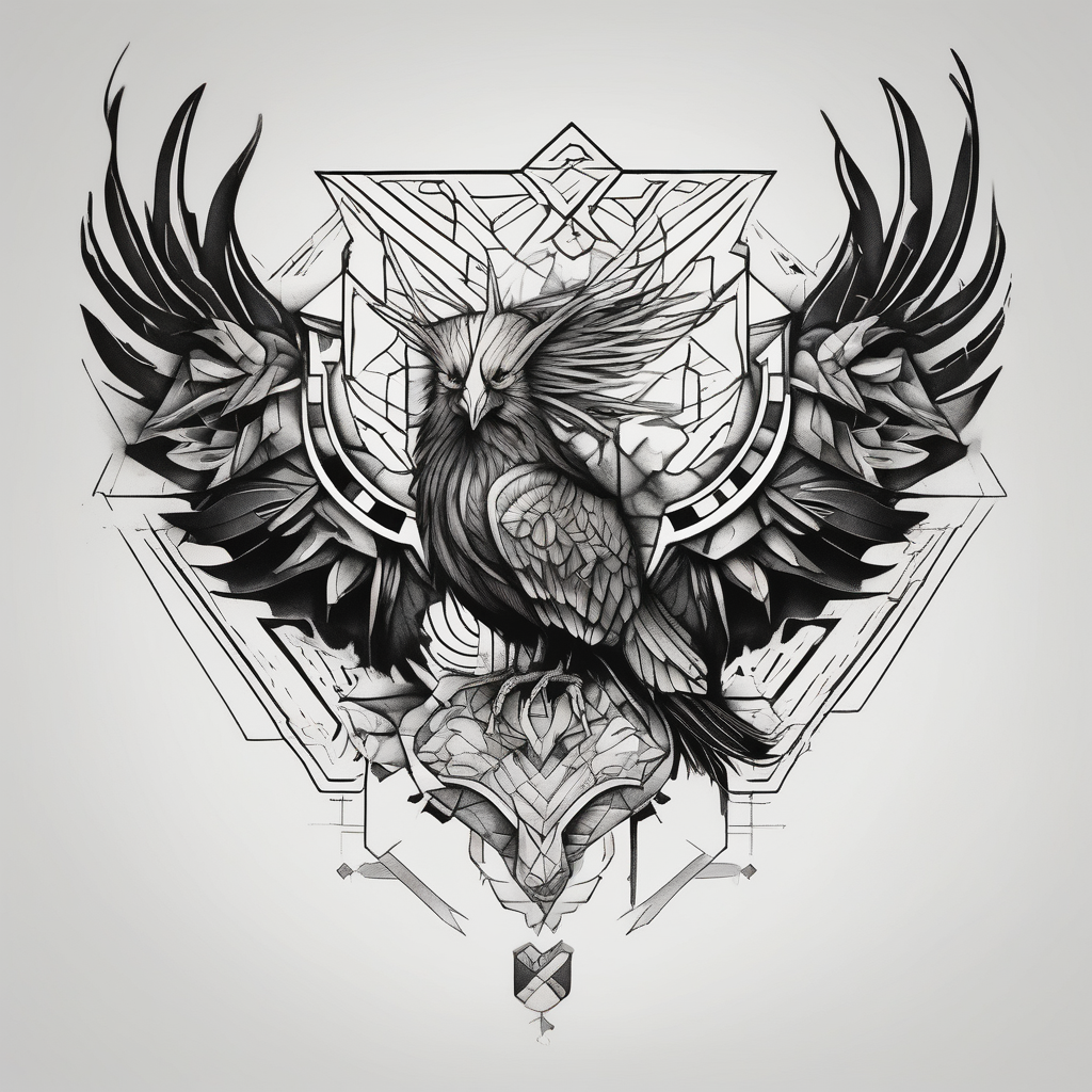 Phoenix with Raven and Tiger on left side and deer and owl on right, AI-generated Geometric tattoo design