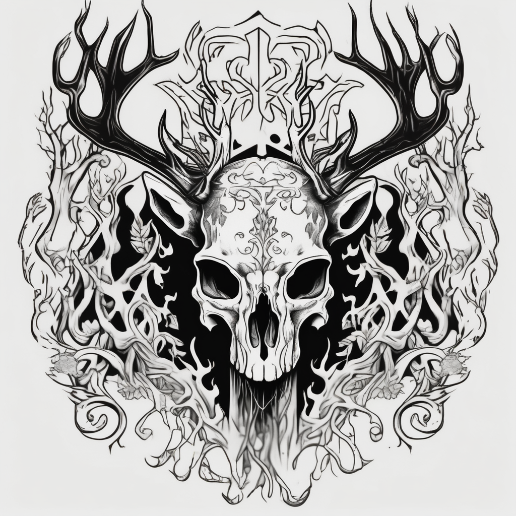 side view of a standing on two legs deer humanoid skull JUST BONE surrounded by a flames and trees, design de tatouage Old school généré par IA