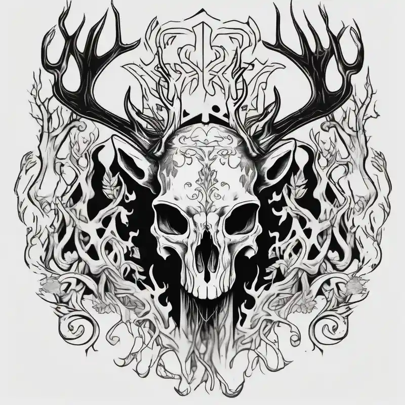 side view of a standing on two legs deer humanoid skull JUST BONE surrounded by a flames and trees
