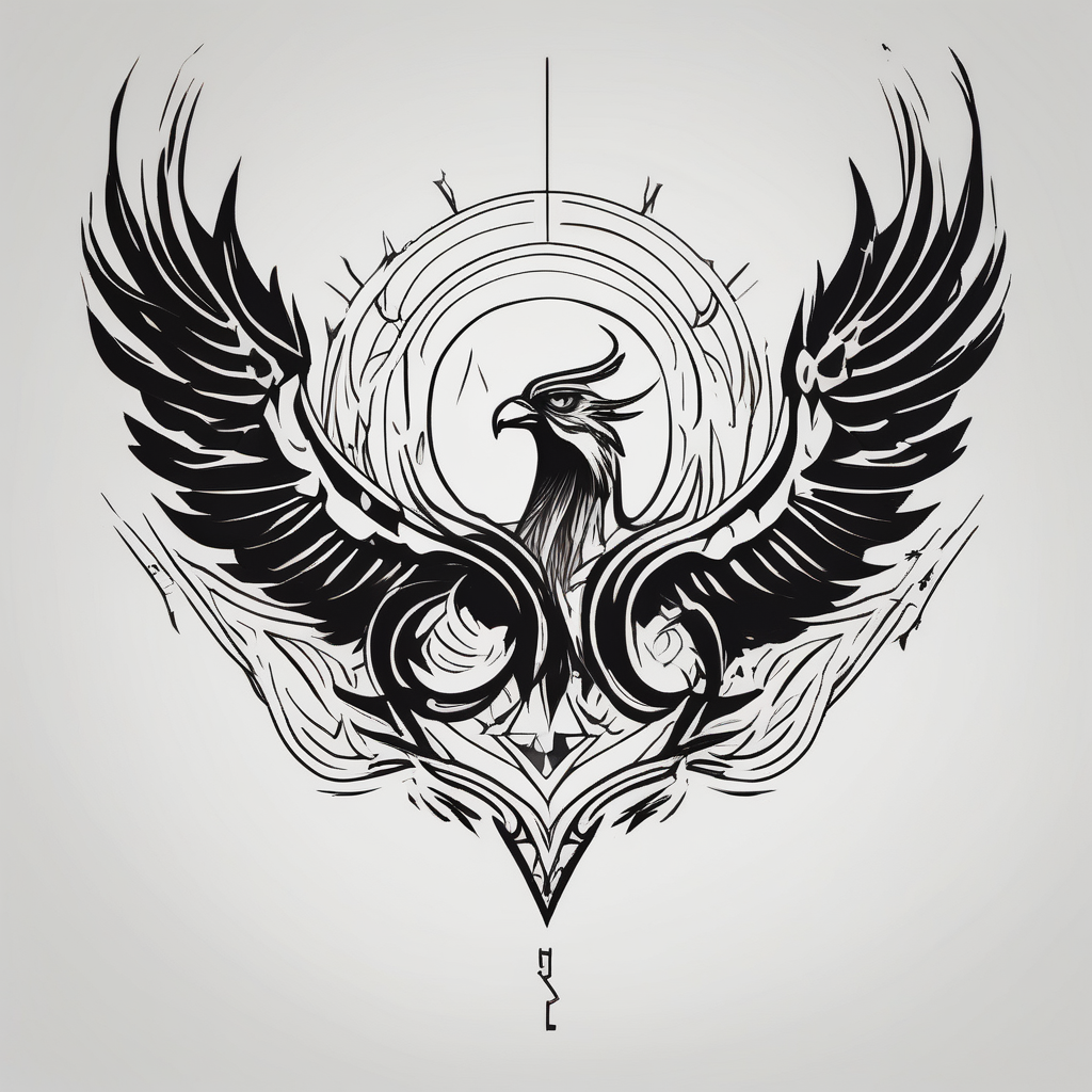 Phoenix with eagle, deer and owl shadowing in the left wing and tiger and raven shadowing in the right wing, AI-generated Minimalist tattoo design