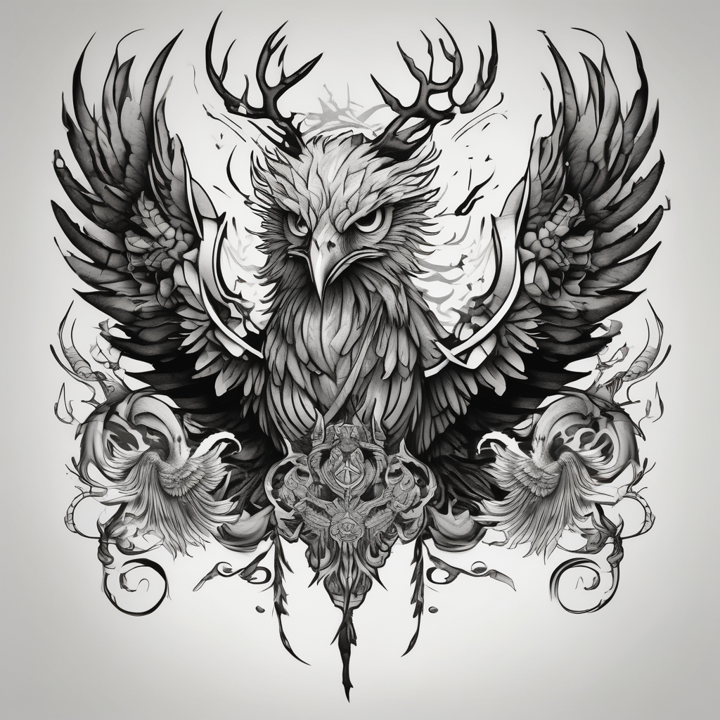 Phoenix with Raven and Tiger on left side and deer and owl on right, AI-generated Black and White tattoo design