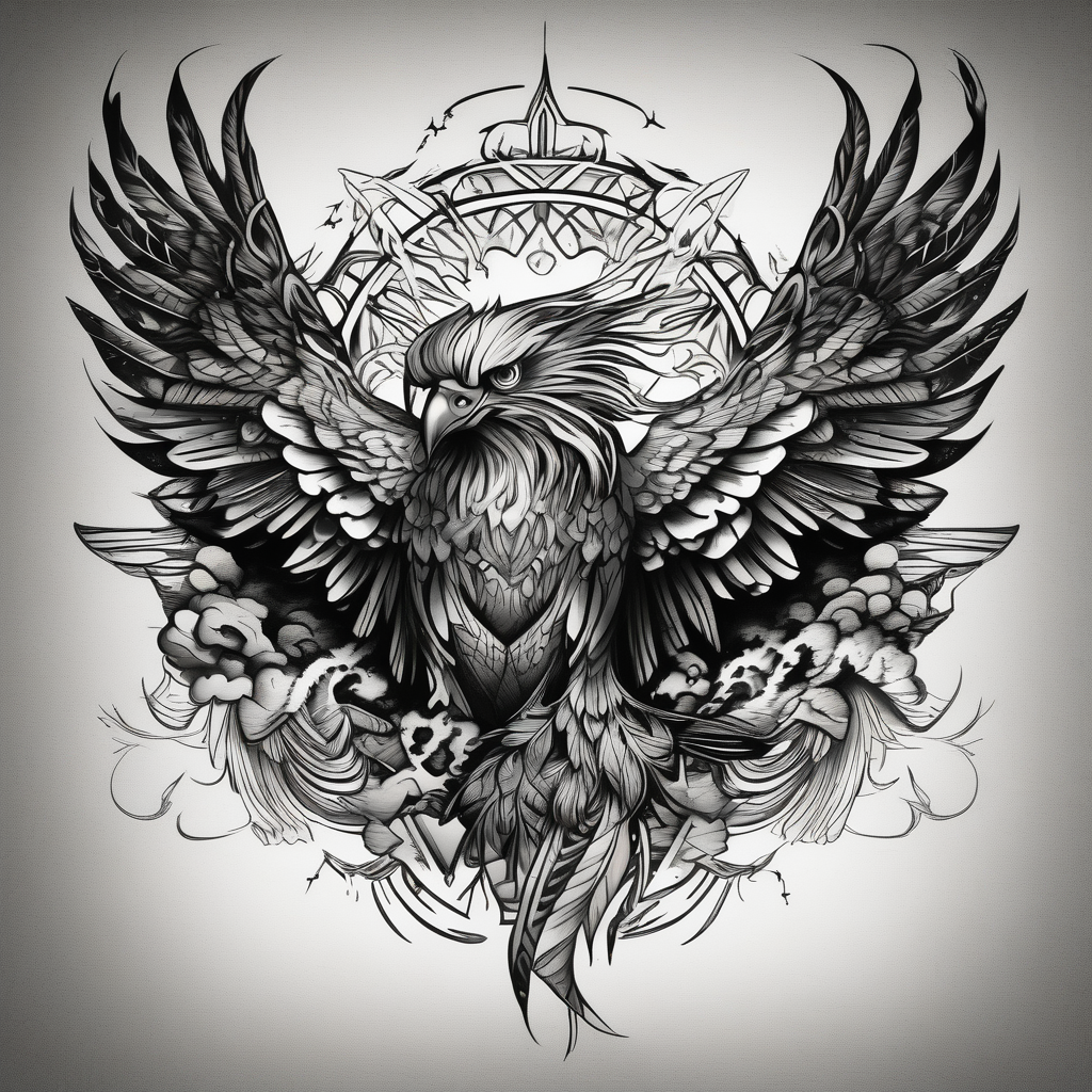 Phoenix with eagle, deer and owl shadowing in the left wing and tiger and raven shadowing in the right wing, AI-generated Black and White tattoo design
