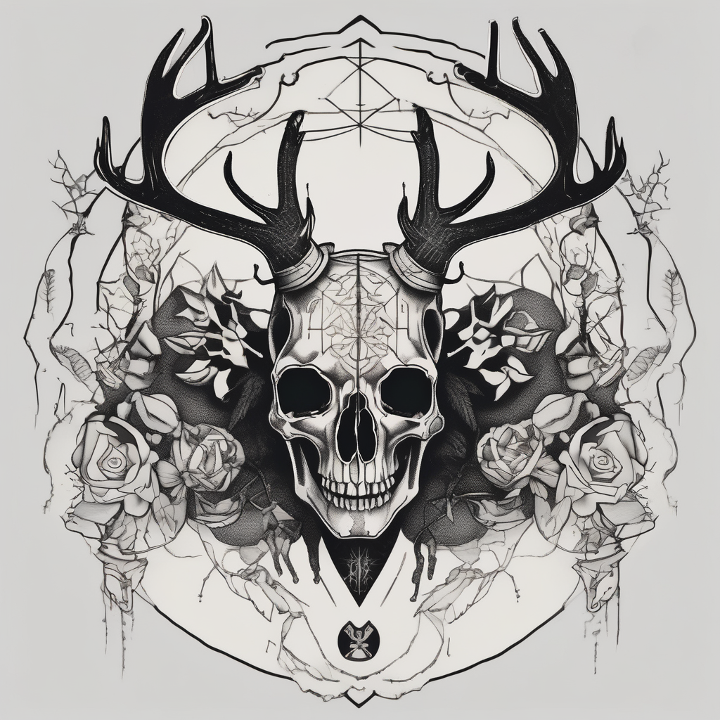 A human with two legs and with a deer skull head, design de tatouage Blackwork généré par IA