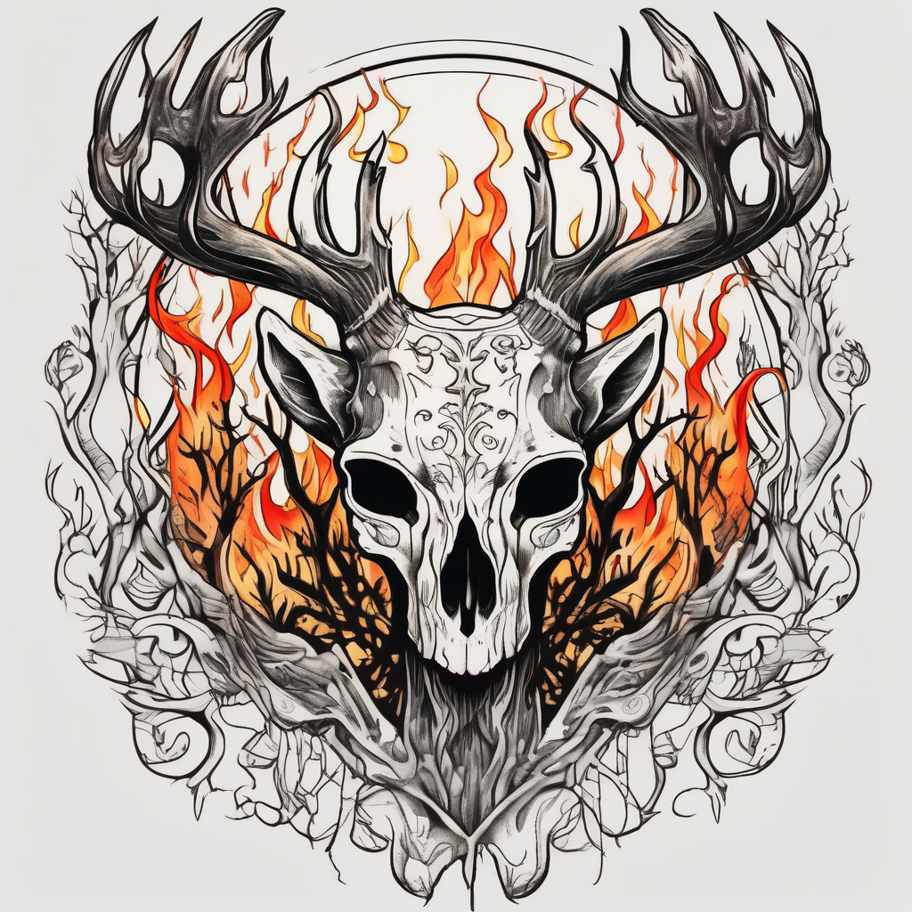 side view of a standing on two legs deer humanoid skull JUST BONE surrounded by a flames and trees, design de tatouage Croquis généré par IA