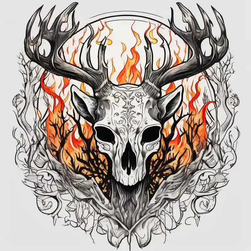side view of a standing on two legs deer humanoid skull JUST BONE surrounded by a flames and trees – Croquis, Couleurs vives
