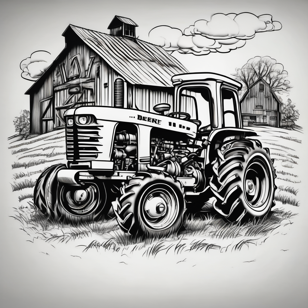 old john deere tractors working with an old barn and cows(AIが生成したカートゥーンスタイルのタトゥーデザイン)