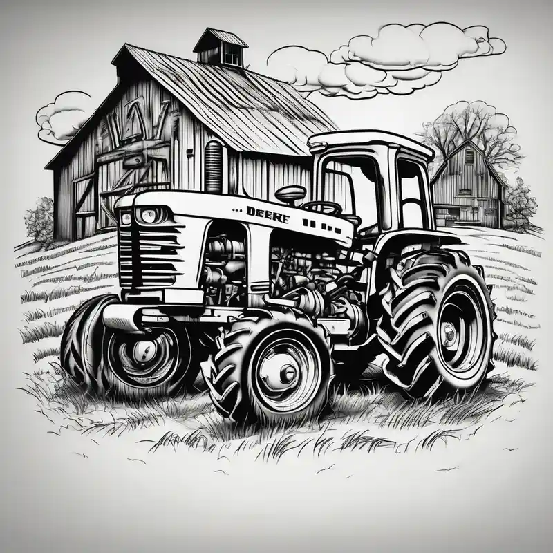 old john deere tractors working with an old barn and cows – カートゥーン, 白黒
