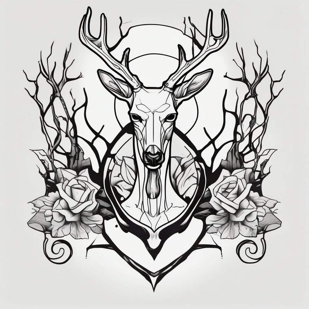 A human with two legs and with a deer skull head, design de tatouage Cartoon généré par IA