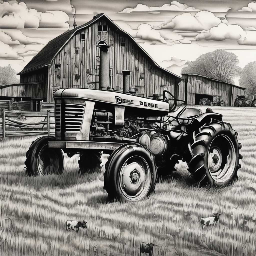 old john deere tractors working with an old barn and cows(AIが生成したリアリズムスタイルのタトゥーデザイン)