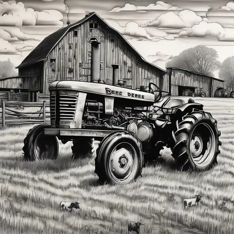 old john deere tractors working with an old barn and cows