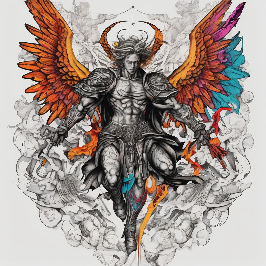 Michael the archangel fighting demons demonic-demon, diseño de tatuaje Surrealista generado con IA