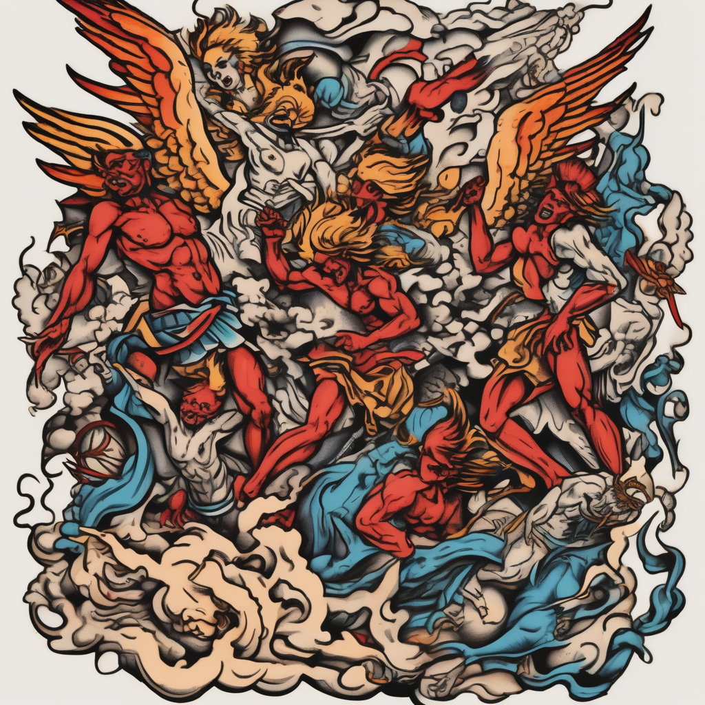 Angels fighting demons crawling from hell demonic-demon, diseño de tatuaje Old school generado con IA