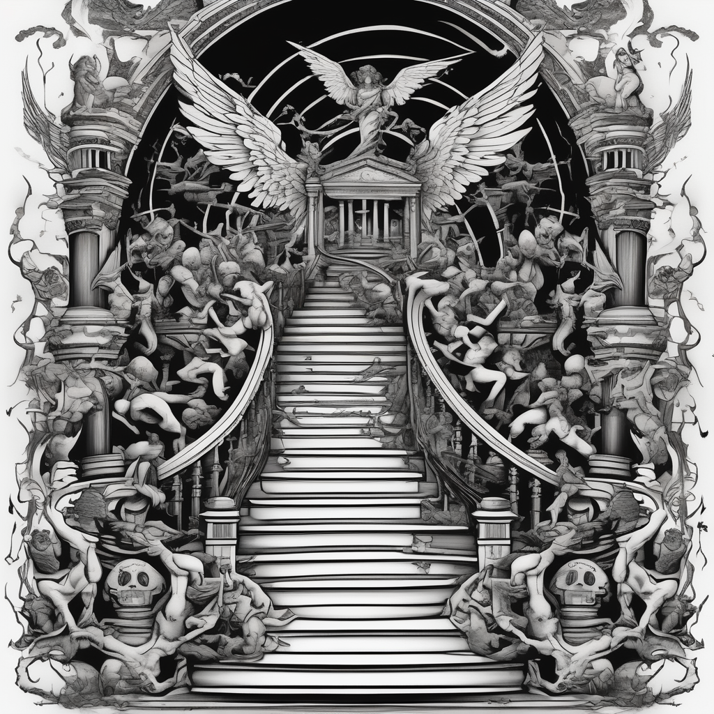 walking through the shadow valley of death with a stair case in the middle and angel at the top of the stairs and lots of demons surrounding the staircase demonic-demon, AI-generated Old School tattoo design