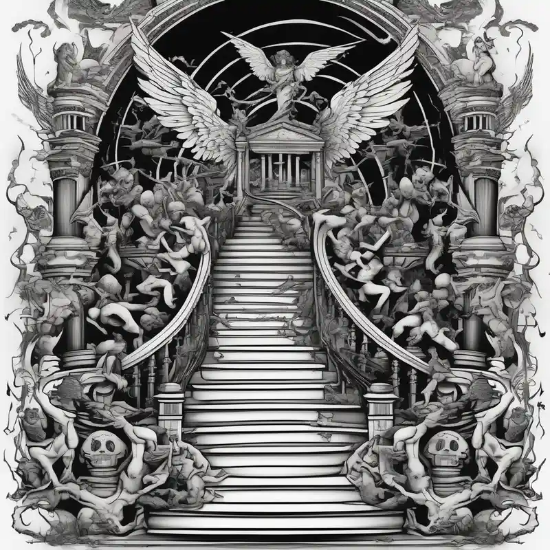 old school style Demonic Demon Tattoo Ideas in 2025 about walking through the shadow valley of death with a stair case in the middle and angel at the top of the stairs and lots of demons surrounding the staircase demonic-demon and walking through the shadow valley of death with a stair case in the middle and angel at the top of the stairs and lots of demons surrounding the staircase demonic-demon