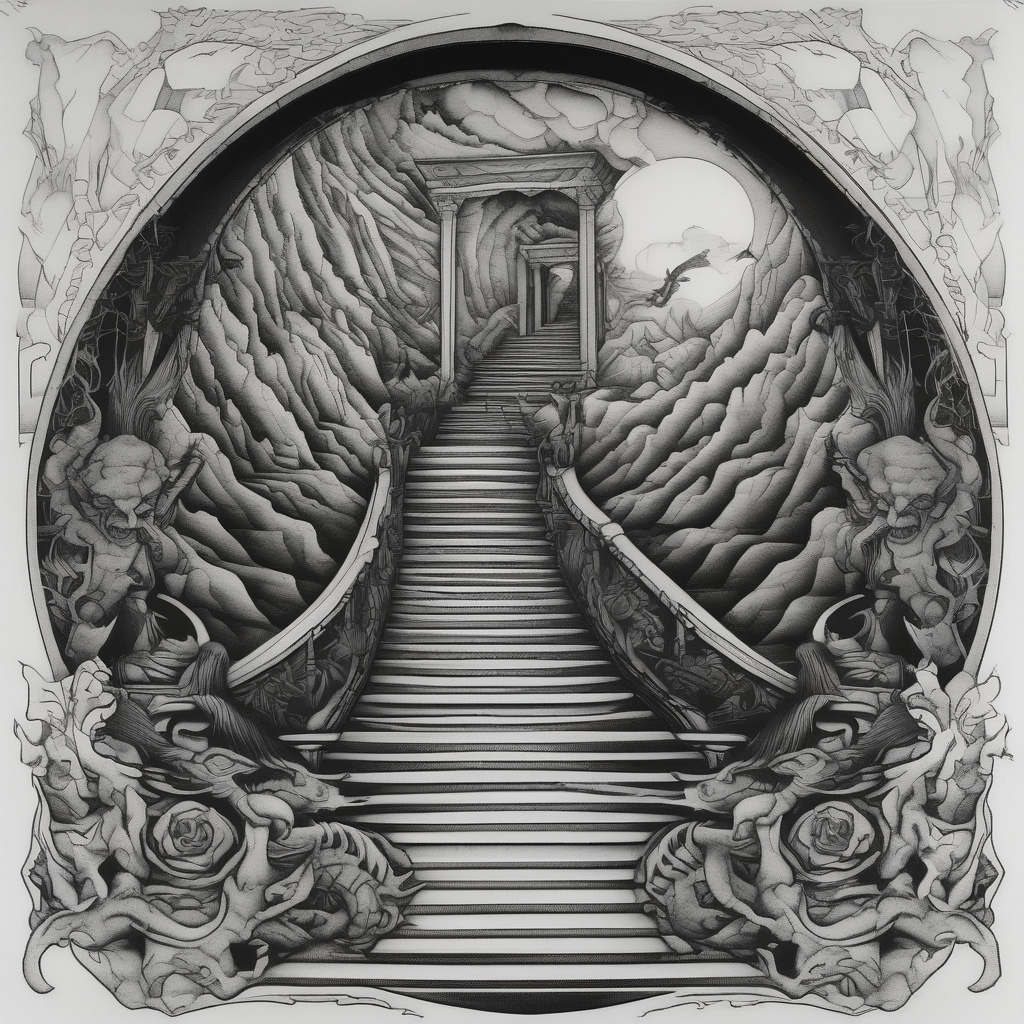 walking through the shadow valley of death with a stair case in the middle and demons on one side and a angel on the other side demonic-demon, AI-generated Blackwork tattoo design