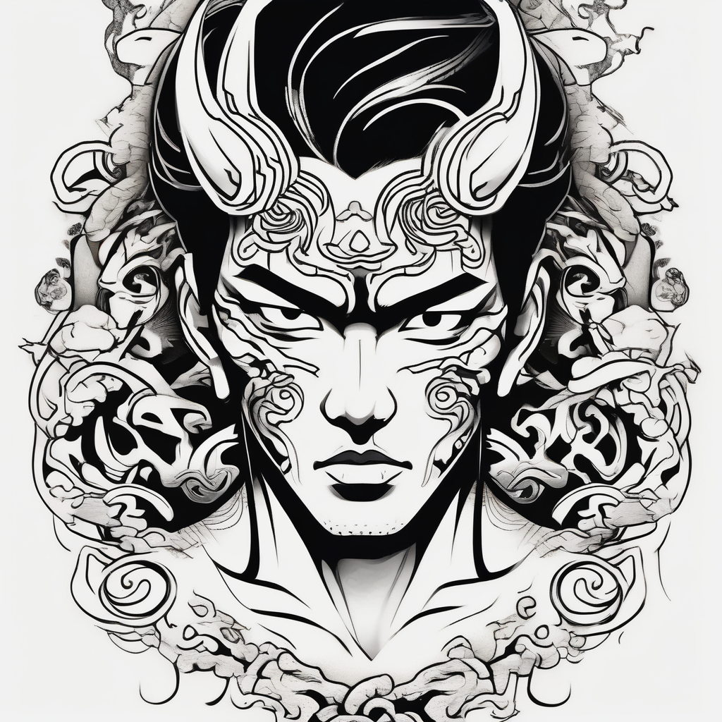 Handsome Asian young guy with demon eyes demonic-demon, AI-generated Japanese tattoo design