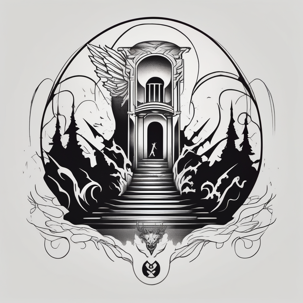 walking through the shadow valley of death with a stair case in the middle and demons on one side and a angel on the other side demonic-demon, diseño de tatuaje Minimalista generado con IA