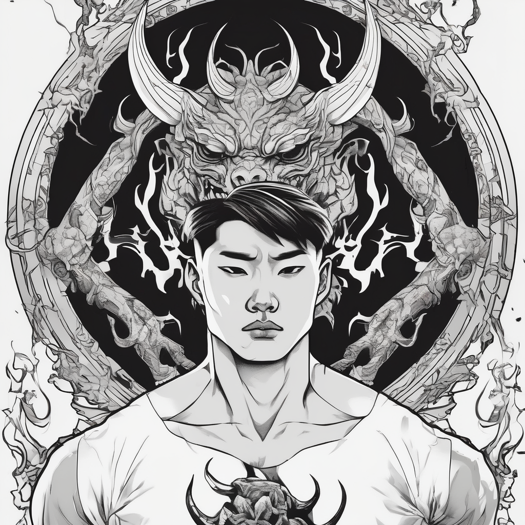 Handsome Asian young guy is looking in cursed mirror and see a demon demonic-demon, AI-generated Black and White tattoo design
