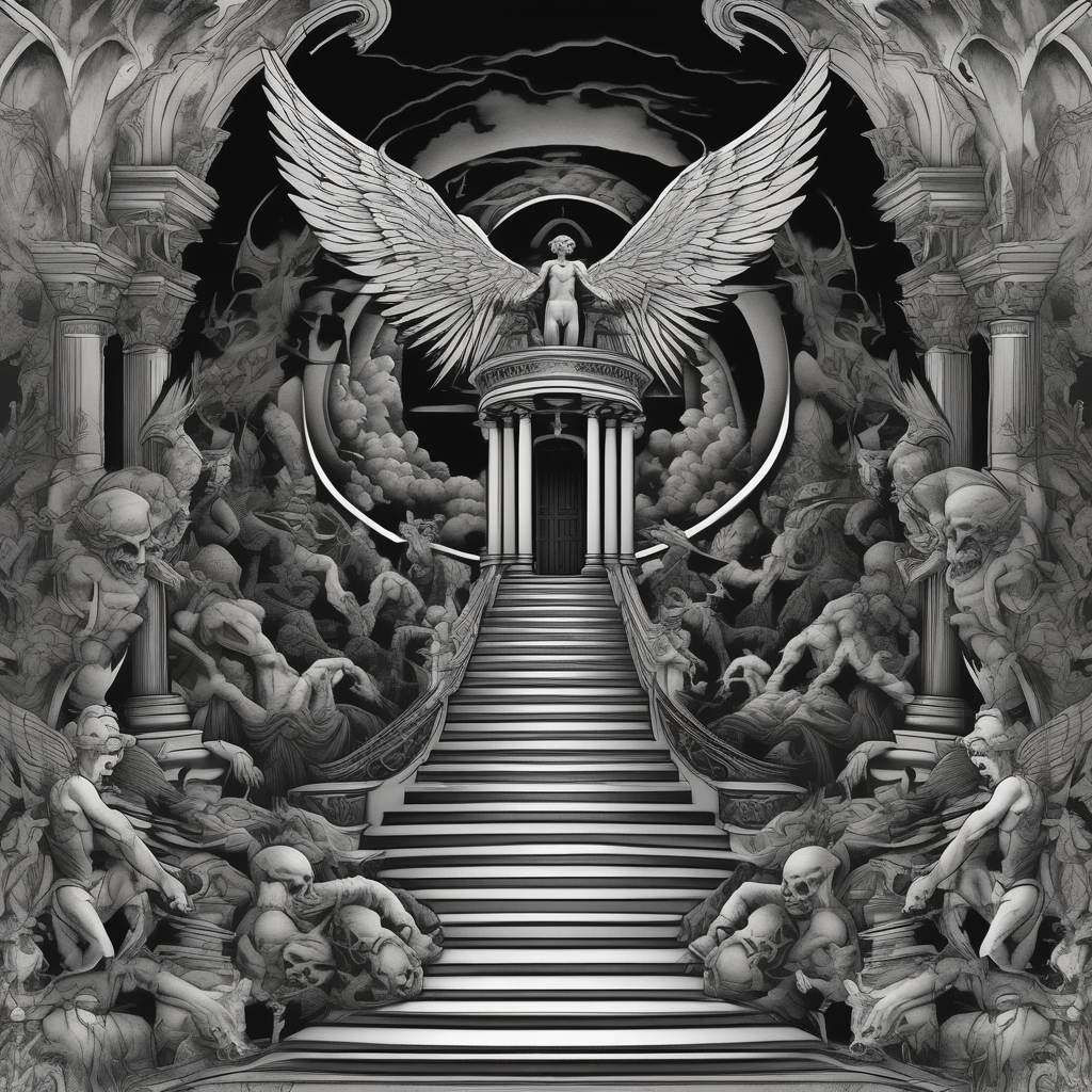walking through the shadow valley of death with a stair case in the middle and angel at the top of the stairs and lots of demons surrounding the staircase demonic-demon, AI-generated Black and White tattoo design