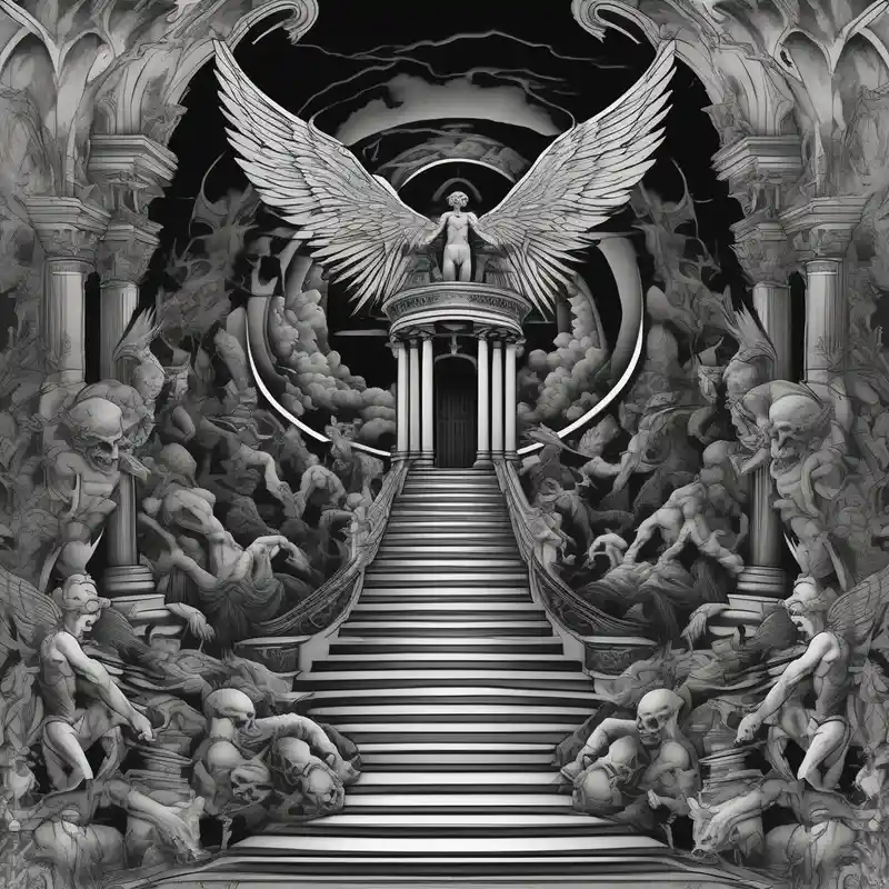 black and white style Demonic Demon Tattoo Ideas in 2025 about walking through the shadow valley of death with a stair case in the middle and angel at the top of the stairs and lots of demons surrounding the staircase demonic-demon and walking through the shadow valley of death with a stair case in the middle and angel at the top of the stairs and lots of demons surrounding the staircase demonic-demon