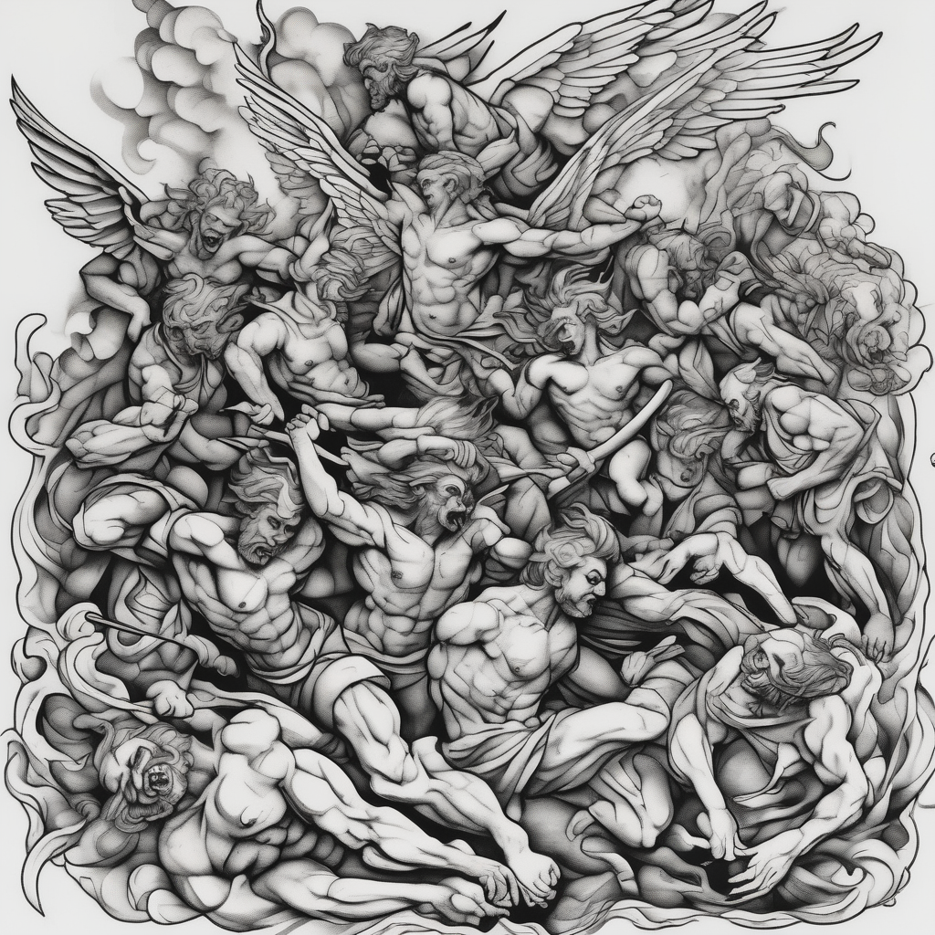 Angels fighting demons crawling from hell demonic-demon, diseño de tatuaje Boceto generado con IA