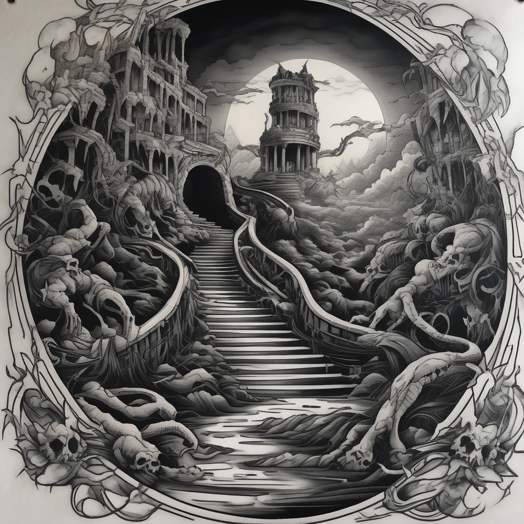 walking through the shadow valley of death with a stair case in the middle and lots of demons on one side and lots angel on the other side demonic-demon, AI-generated Black and White tattoo design