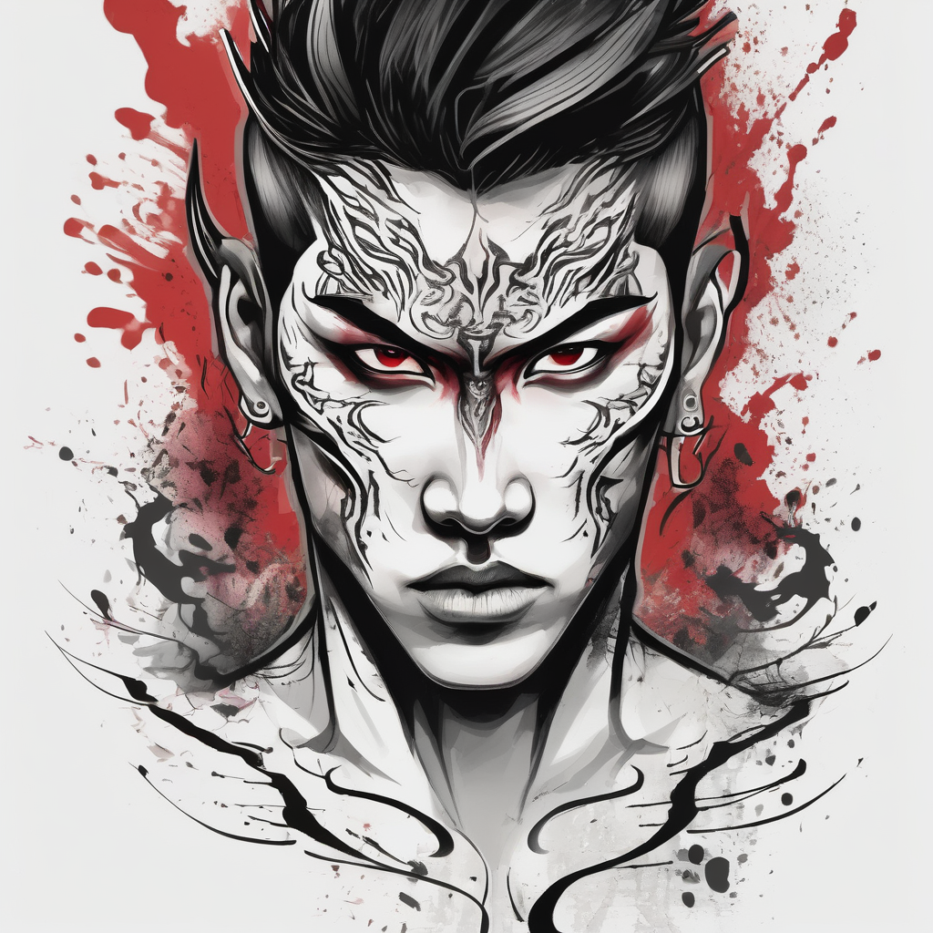 Handsome Asian young guy with demon eyes demonic-demon, AI-generated Watercolor tattoo design