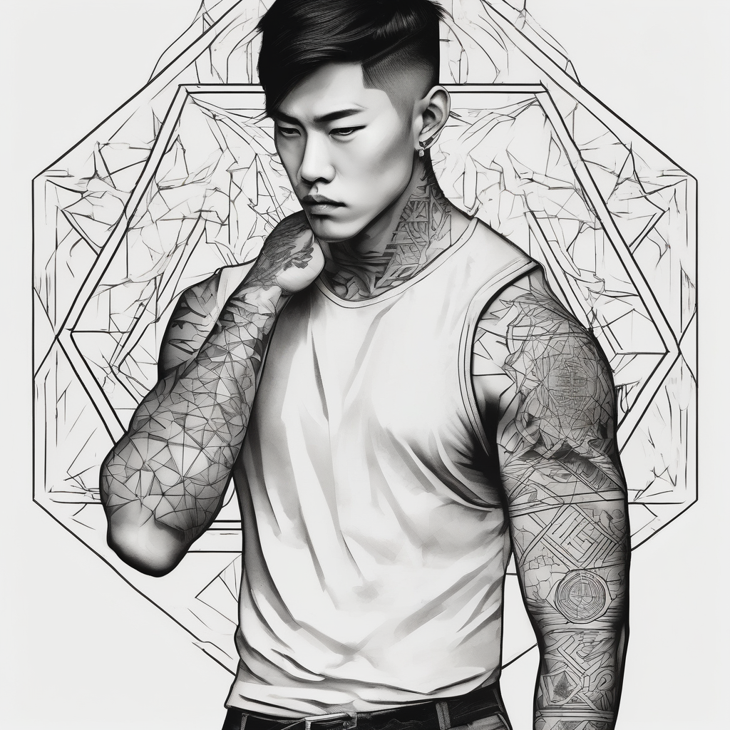 Handsome Asian young guy is looking in cursed mirror and see a demon demonic-demon, diseño de tatuaje Geométrico generado con IA