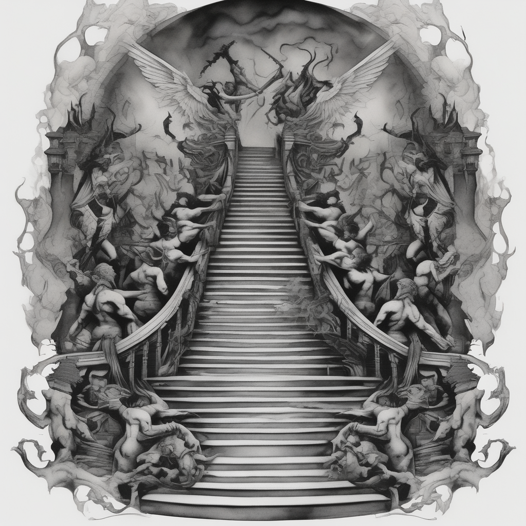 walking through the shadow valley of death with a stair case in the middle and lots of demons on one side and lots angel on the other side demonic-demon, AI-generated Watercolor tattoo design