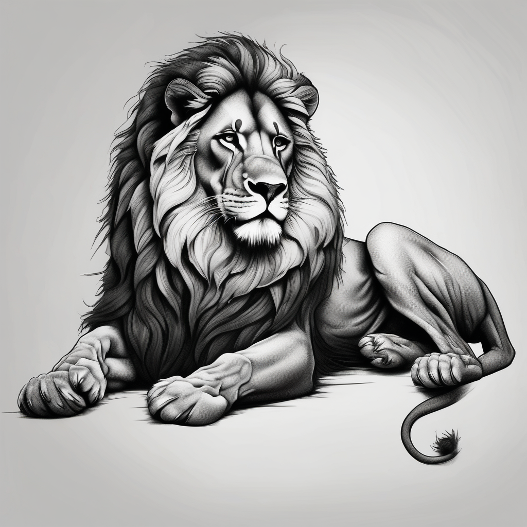 realistic laying lion body tail paws detroit-lions, AI-generated Blackwork tattoo design