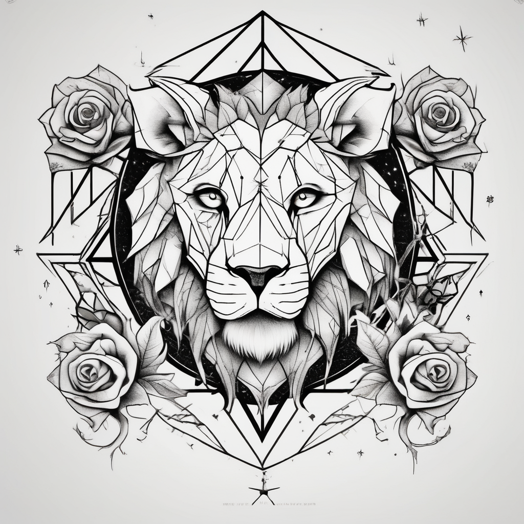 Lion with roses & spiders with stars detroit-lions, diseño de tatuaje Geométrico generado con IA