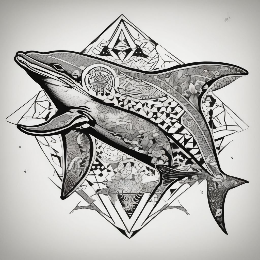 Dolphin, hammerhead, epaulette shark, coral, sea lion, turtle, octopus, fish, crabs, spotted eagle ray, underwater ocean scene, diver, queen angelfish, yellow tang, ocean, diseño de tatuaje Geométrico generado con IA