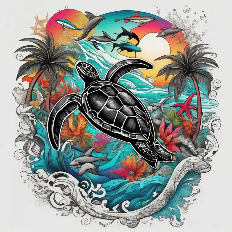 Ocean vibes with palm trees and sea turtles and dolphins – Blackwork, Colores vivos