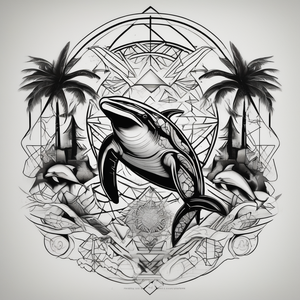 Ocean vibes with palm trees and sea turtles and dolphins, AI-generated Geometric tattoo design