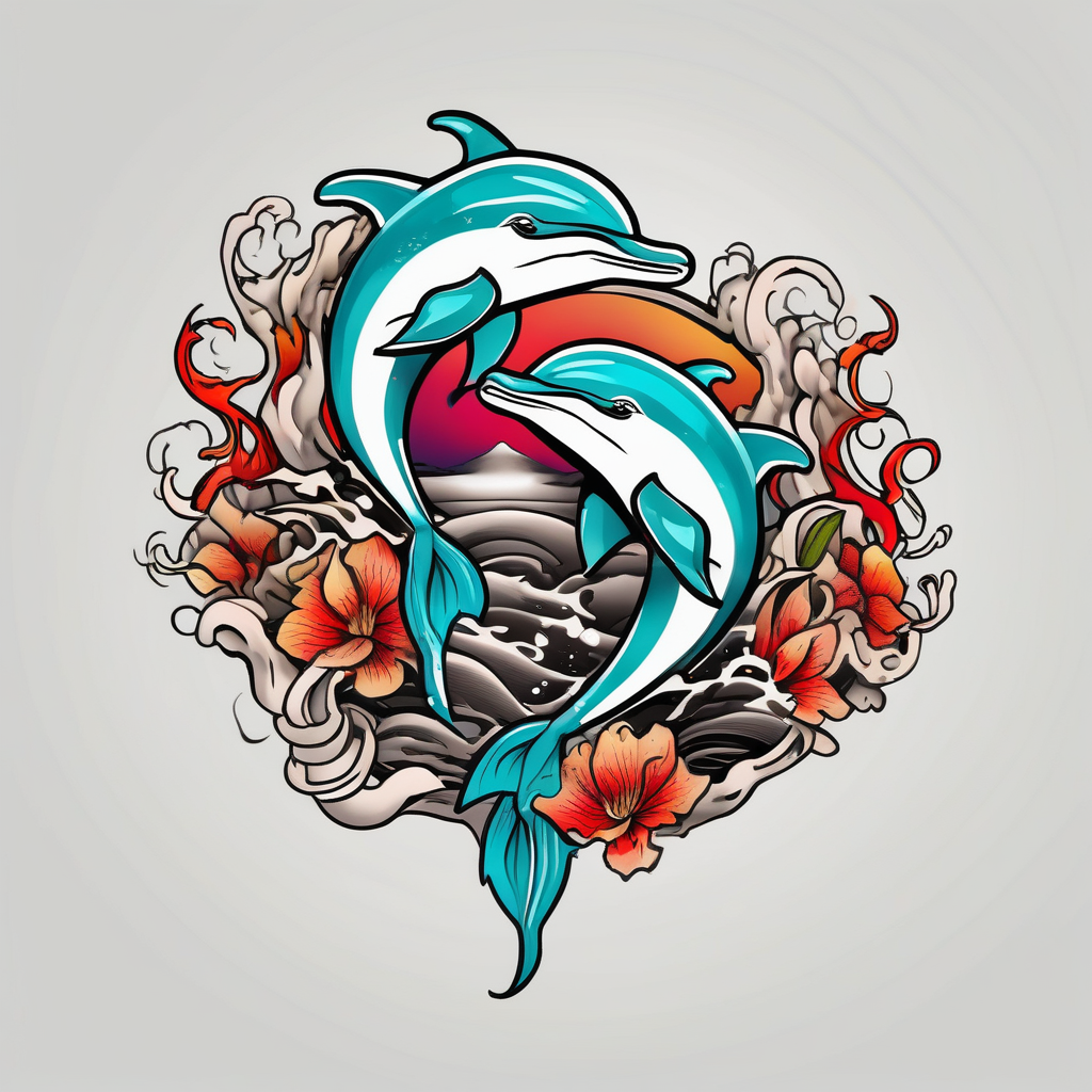 Dolphins swimming with a cross, diseño de tatuaje Japonés generado con IA