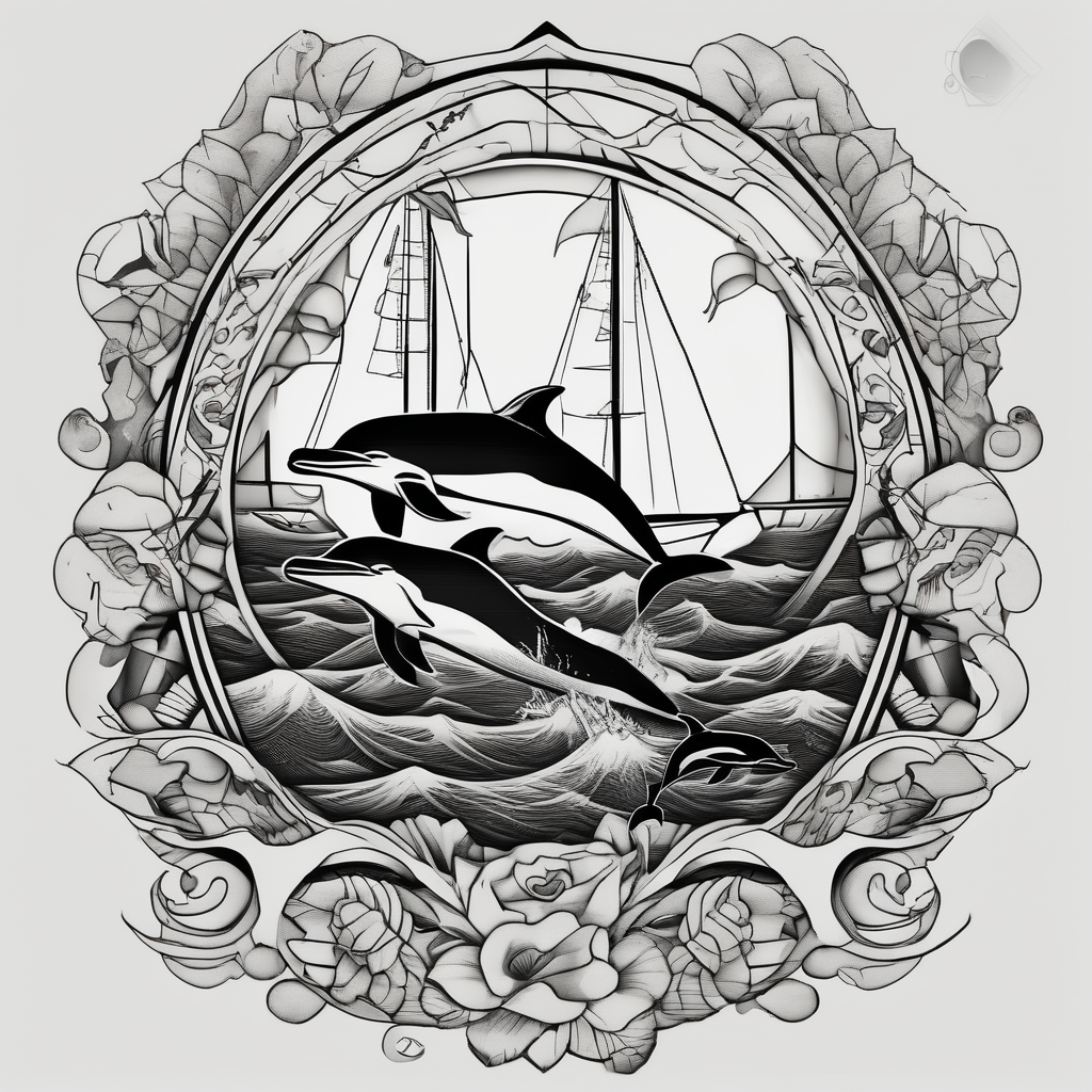 dolphins playing next to a yacht, AI-generated Blackwork tattoo design