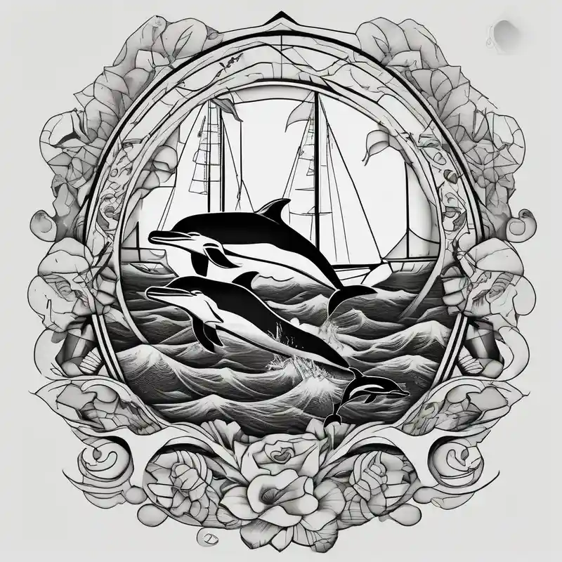 dolphins playing next to a yacht