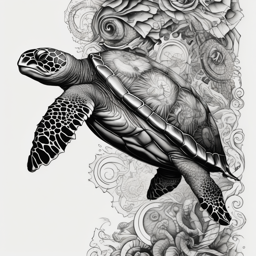 Turtles dolphins sea horse wrapping around the leg, AI-generated Blackwork tattoo design