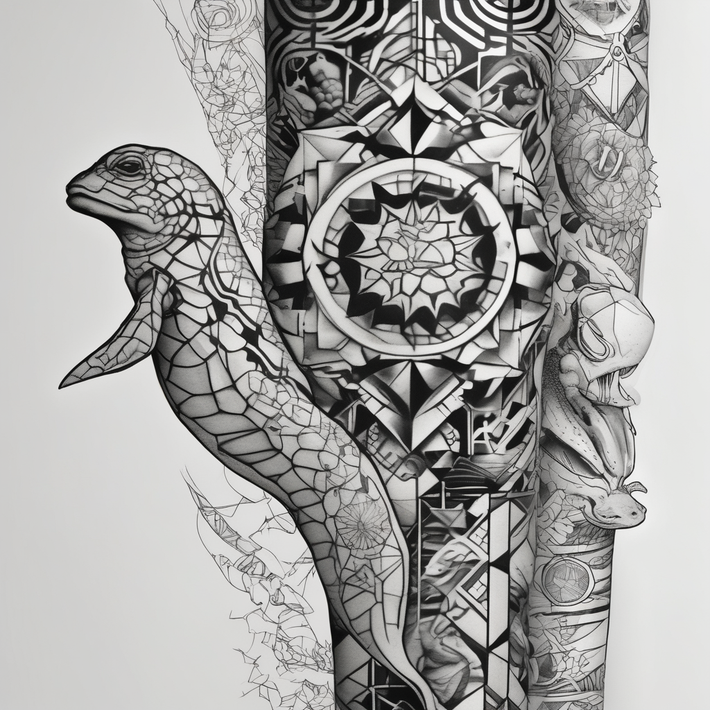 Turtles dolphins sea horse wrapping around the leg, design de tatouage Géométrique généré par IA